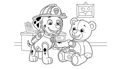 Zwart-wit kleurplaat van Marshall van Paw Patrol als brandweerman/dokter die glimlachend een teddybeer onderzoekt met een stethoscoop. Een dokterskoffertje, een bureau met klembord en een landschapsschilderij zijn zichtbaar op de achtergrond.