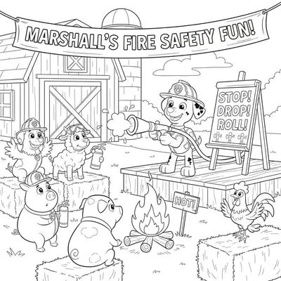 Kleurplaat van Marshall van Paw Patrol als brandweerhond met slang, die brandveiligheid uitlegt aan boerderijdieren (kuiken, schaap, varkens, haan) met helmen bij een kampvuur, voor een boerenschuur. Een bord toont 'STOP! DROP! ROLL!'.