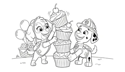 Zwart-wit kleurplaat van Paw Patrol pups Skye en Marshall met stapel cupcakes, ballonnen en een mand met lekkernijen. Skye draagt haar vliegersbril, Marshall zijn brandweerhelm.