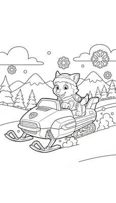 Zwart-wit kleurplaat van Everest van Paw Patrol op een sneeuwscooter, rijdend door een besneeuwd winterlandschap met bergen, dennenbomen en sneeuwvlokken.
