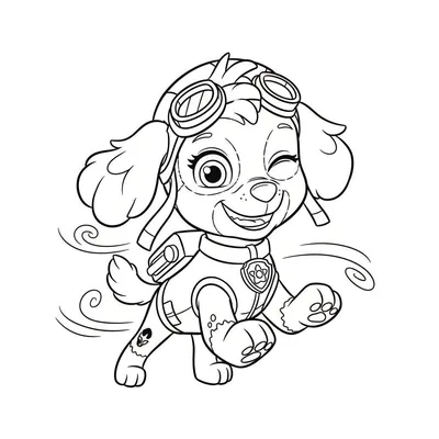 Kleurplaat van Skye van Paw Patrol, vrolijk knipogend en lachend, draagt pilotenhelm en -pak, in dynamische vliegende pose met wervelende lijnen.