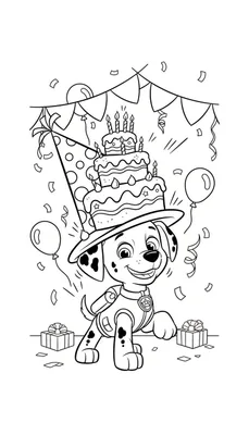 Kleurplaat van Marshall de dalmatiër van Paw Patrol, met een feestmuts waarop een verjaardagstaart staat, omringd door ballonnen, confetti en cadeautjes.