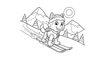 Zwart-wit kleurplaat van Everest van Paw Patrol die skiet op een besneeuwde piste met bergen en dennenbomen op de achtergrond.