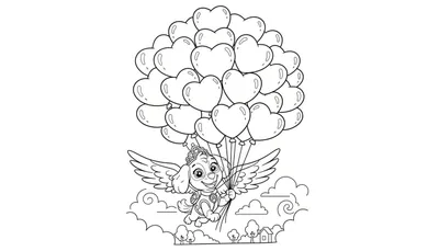 Zwart-wit kleurplaat van Skye van Paw Patrol als vliegend hondje met vleugels, een kroontje, en hartvormige ballonnen, zwevend tussen wolken boven een landschap met bomen en huizen.