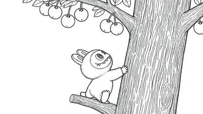 Labubu kleurplaat van een pluizig wezentje met konijnoren en scherpe tanden, lachend en klimmend in een boom met kersen of kleine appels.