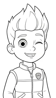 Zwart-wit kleurplaat van een vrolijke Ryder van Paw Patrol, knipogend met een brede glimlach en een pootafdruk-embleem op zijn borst.