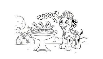 Kleurplaat van Marshall de Paw Patrol dalmatiër als brandweerhond die blaft, met een vogelbadje en drie vogels die spelen in een buitenscène.