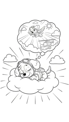 Zwart-wit kleurplaat van Skye uit Paw Patrol die slaapt op een wolk met pilotenmuts, dromend over vliegen met vleugels, een helikopter en de zon in een droomwolk.