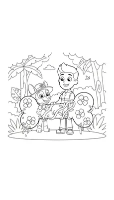Zwart-wit kleurplaat van Paw Patrol: Ryder en Rubble glimlachen in een tropische jungle, elk met een versierd bot. Palmbomen en struiken op de achtergrond.