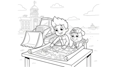 Kleurplaat van Paw Patrol met Ryder en Rubble die een bouwplattegrond bekijken en plannen maken voor een nieuw project, inclusief een speeltuin en brug. Op de achtergrond een bulldozer en gebouwen.