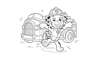 Kleurplaat Marshall PAW Patrol brandweerhond, rennend met open armen in brandweerpak en rode helm, met water spetters en brandweerwagen achtergrond.