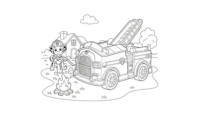 Kleurplaat van Marshall de brandweerman van Paw Patrol die water spuit op een kampvuur naast zijn brandweerwagen met ladder, met een huis, boom en wolk op de achtergrond.