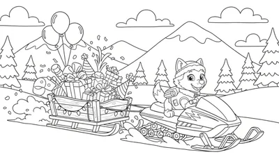 Kleurplaat van een blij cartoonhondje (Everest) op een sneeuwscooter die een slee vol cadeautjes trekt door een besneeuwd berglandschap met dennenbomen.