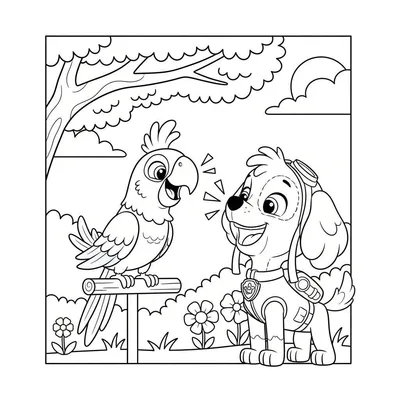 Kleurplaat van Paw Patrol-hondje Skye met vliegersbril en een sprekende papegaai in een buitenomgeving met boom, zon, bloemen en gras.