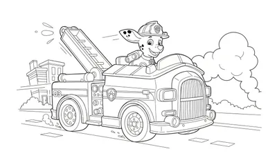 Marshall de dalmatiër van Paw Patrol lacht in zijn rijdende brandweerwagen met ladder, nummer 03, en het Paw Patrol-embleem.