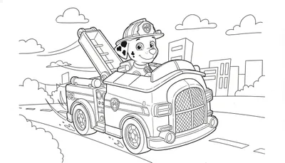 Zwart-wit kleurplaat van Marshall van Paw Patrol die lachend zijn brandweerwagen met uitschuifbare ladder bestuurt op een weg in een stadslandschap met wolken.