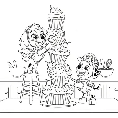 Zwart-wit kleurplaat van Skye en Marshall van Paw Patrol die samen een hoge stapel van zes versierde cupcakes vasthouden in een keuken. Skye, links, staat op een krukje en draagt een vlieghelm met vleugels. Marshall, rechts, draagt een brandweerhelm en heeft dalmatiër-stippen. Beide honden kijken bl