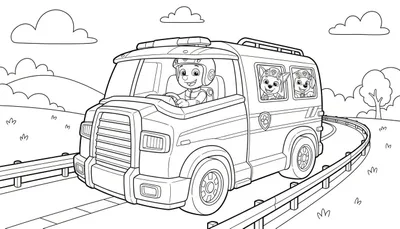 Zwart-wit Paw Patrol kleurplaat met Chase in een groot voertuig, Skye en Marshall kijken uit de ramen, rijdend op een bochtige weg door een landschap met heuvels en bomen.