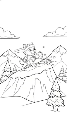 Kleurplaat van een vrolijk hondje, lijkend op Everest van Paw Patrol, dat met een sneeuwbal over een besneeuwde bergtop rent in een winters landschap met dennenbomen en bergen.