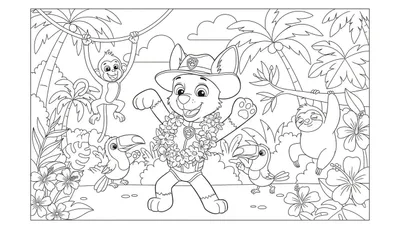 Kleurplaat van Tracker de Paw Patrol hond in safarihoed en zwembroek, lachend in een tropische jungle met een lachende aap, ontspannen luiaard en twee toekans.