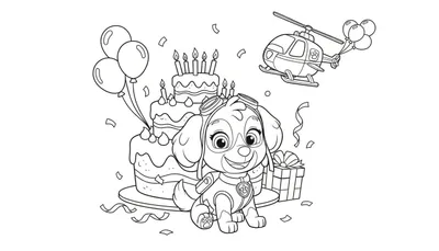 Kleurplaat van Skye van Paw Patrol op haar verjaardagsfeestje met een drielagige taart, brandende kaarsjes, zwevende ballonnen, een cadeautje en een helikopter.