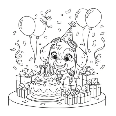 Kleurplaat van Skye, een vrolijk lachend hondje met feestmuts en pilotenbril, zittend voor een tweelaagse verjaardagstaart met kaarsjes. Om Skye heen liggen cadeautjes, ballonnen en confetti, wat een feestelijke verjaardagsscène creëert.