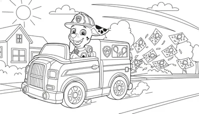 Zwart-wit kleurplaat van Marshall van Paw Patrol, lachend in zijn brandweerwagen. Feestuitnodigingen met ballonnen vliegen uit de achterkant. Zon, huis, bomen en wolken op de achtergrond.
