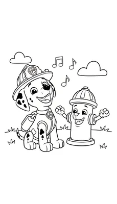 Kleurplaat van Marshall, de brandweerman dalmatiër van Paw Patrol, met brandweerhelm en rugzak, lachend naast een vrolijke brandkraan met armen. Boven hen zweven muzieknoten en wolken, met gras onderaan.