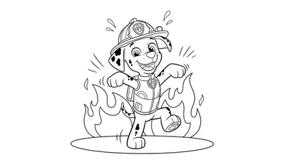 Zwart-wit kleurplaat van Marshall van Paw Patrol in brandweeruniform, dansend of blussend in een cirkel van vlammen met waterspetters en een vrolijke lach.