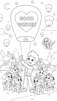 Zwart-wit kleurplaat van Paw Patrol met Ryder die een hartvormige wensballon met 'GOOD WISHES' oplaat, omringd door vrolijke pups zoals Rubble, Chase en Marshall. Skye vliegt in een hemel vol kleine ballonnen en sterren, met huizen en bomen op de achtergrond.