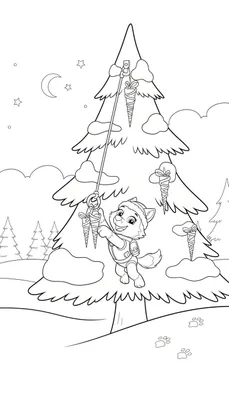 Kleurplaat van Everest, de Paw Patrol wolfspup, hangend in een besneeuwde kerstboom met wortelcadeautjes onder een nachtelijke sterrenhemel. Pootafdrukken in de sneeuw op de voorgrond.