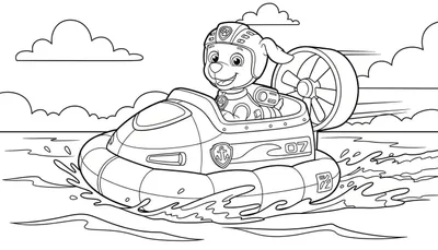 Kleurplaat van Zuma van Paw Patrol in een snelle hovercraft met nummer 07, varend over het water met golven en spetters.