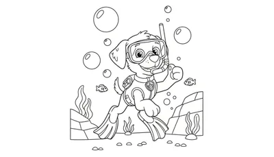 Zwart-wit kleurplaat van een vrolijke hond (lijkt op Zuma van Paw Patrol) onder water, met duikbril, snorkel en zwemvliezen. De hond lacht en zwaait, omringd door luchtbellen, twee vissen, rotsen en zeewier op de zeebodem.