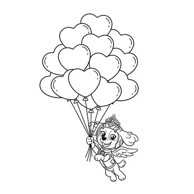Kleurplaat van Skye van Paw Patrol als engel met kroon en vleugels, vrolijk zwevend aan een grote tros hartjesballonnen.
