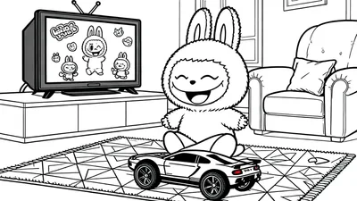 Kleurplaat van een Labubu-achtig konijn dat lachend naar een tekenfilm kijkt op een ouderwetse televisie, met een speelgoedauto op de grond in een gezellige binnenruimte.