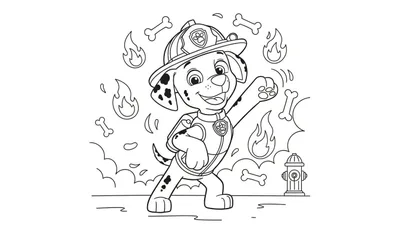 Kleurplaat van Marshall van Paw Patrol als vrolijke brandweerhond, met helm en pak, lachend met één opgeheven voorpoot. Rondom hem zweven vlammen en botjes, en rechtsonder staat een brandkraan.