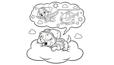 Zwart-wit kleurplaat van Skye (Paw Patrol) slapend op een wolk met vliegbril, dromend over vliegen met vleugels en een helikopter tussen sterren en een zon.