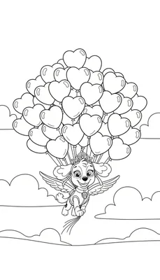 Kleurplaat van Skye van Paw Patrol als prinses met vleugels, vliegend aan hartvormige ballonnen tussen de wolken.