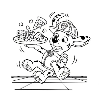 Zwart-wit kleurplaat van Marshall uit Paw Patrol die paniekerig rent met een dienblad vol koekjes, pizza, popcorn en taart, met bewegingslijnen die snelheid suggereren.