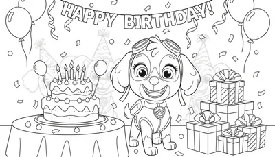 Zwart-wit kleurplaat van een lachende pup (Skye-achtig) op een vrolijk verjaardagsfeest met een tweelaagse taart, brandende kaarsjes, stapels cadeaus en een 'HAPPY BIRTHDAY' slinger.