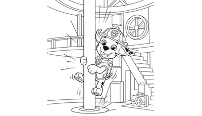 Kleurplaat van Marshall van Paw Patrol als vrolijke brandweerman die langs een glijpaal naar beneden glijdt, omringd door bewegingsstreepjes. Op de achtergrond zijn een trap, een EHBO-koffer en een balustrade te zien in een brandweerkazerne-achtige setting.