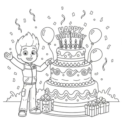 Zwart-wit kleurplaat van Ryder van Paw Patrol. Ryder staat links, lachend en wijzend naar een grote vierlaagse verjaardagstaart met zes brandende kaarsjes en 'HAPPY BIRTHDAY' tekst. Rondom de taart liggen cadeautjes en zweven ballonnen en confetti.