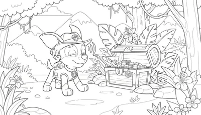 Tracker van Paw Patrol bij een open schatkist in een weelderige jungle vol tropische bladeren en lianen. Hij draagt een safarihoed, glimlacht met gesloten ogen en heeft geluidsgolven bij zijn oor die zijn scherpe gehoor aanduiden.