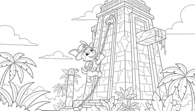 Zwart-wit kleurplaat van vrolijk cartoonhondje Tracker met hoed en rugzak dat een oude jungle tempel beklimt met een touw, omringd door tropische vegetatie.