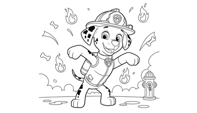 Zwart-wit kleurplaat van Marshall van Paw Patrol als brandweerhond, rennend en lachend, omringd door vlammen, botten en een brandkraan.