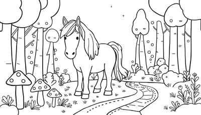Kleurplaat van een schattig paard met volle manen en staart, staand in een bos met hoge bomen, een kronkelend pad, paddenstoelen en kleine plantjes. Kleine plustekens bovenin symboliseren sterren.
