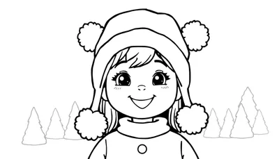 Zwart-wit kleurplaat van een lachend meisje met een wintermuts met pom-poms en dennenbomen op de achtergrond.