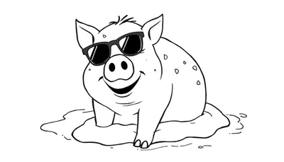 Kleurplaat van een lachend varkentje met zonnebril in de modder, met stippen op zijn rug.