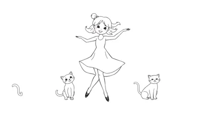 Zwart-wit lijntekening van een lachend meisje in balletpose met twee glimlachende katten ernaast.