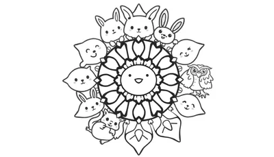 Kleurplaat met een lachende zonbloem mandala omringd door schattige konijntjes, een uil, een eekhoorn en blaadjes met gezichtjes.
